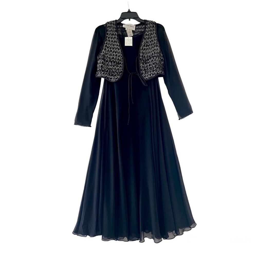 JEANNENE BOOHER Dead-stock Vintage Black Silk Georgette Dress with Sequin Vest